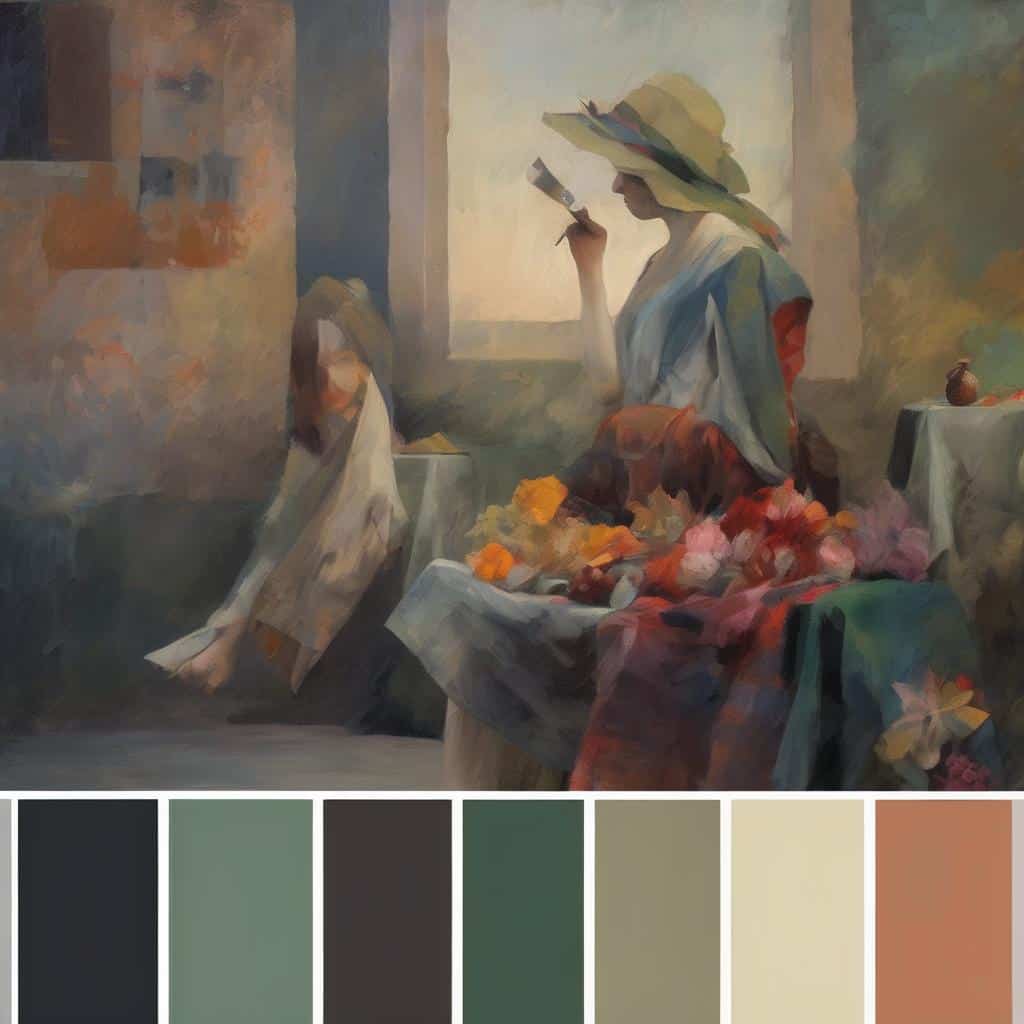 Ζευγάρι γυναίκων σε καλλιτεχνικό πίνακα, η τέχνη ως μέσο υπαρξιακής έκφρασης, ζωγραφική με φωτεινά χρώματα και γαλήνια ατμόσφαιρα.