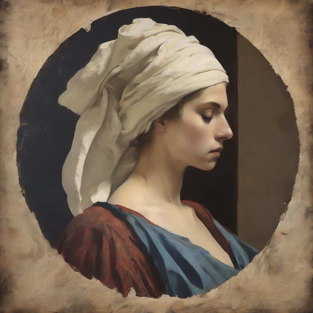 Ομορφη γυναικεία προτομή με σάκκο και ενδυμασία σε συνεδριακή τεχνική, συμβολίζοντας την τέχνη ως μέσο υπαρξιακής έκφρασης.