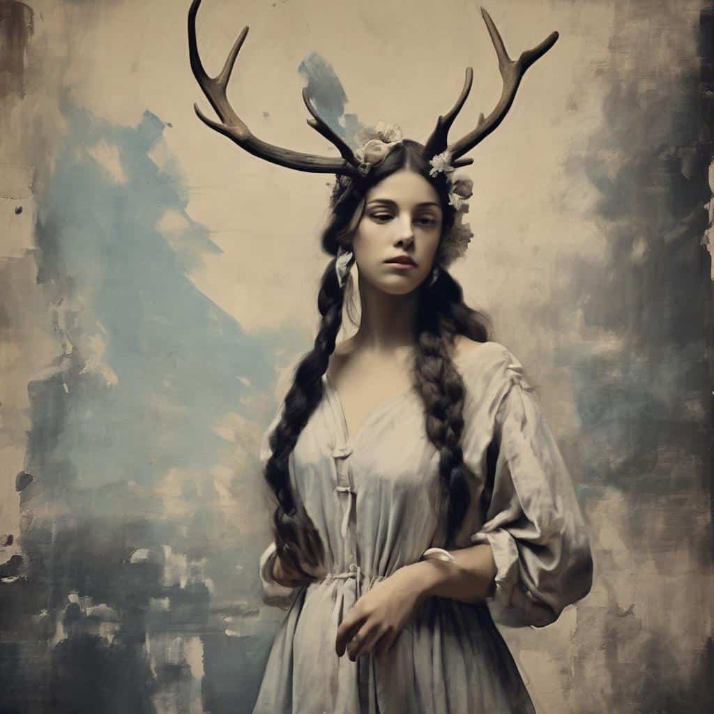 Απαιχτική εικόνα γυναίκας με κέρατα ελαφιού, σύμβολο τέχνης και υπαρξιακής έκφρασης.